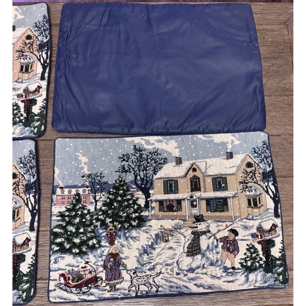 Vintage Set of 4 Christmas Winter Village Scene Tapestry‎ Placemats Blue Trim